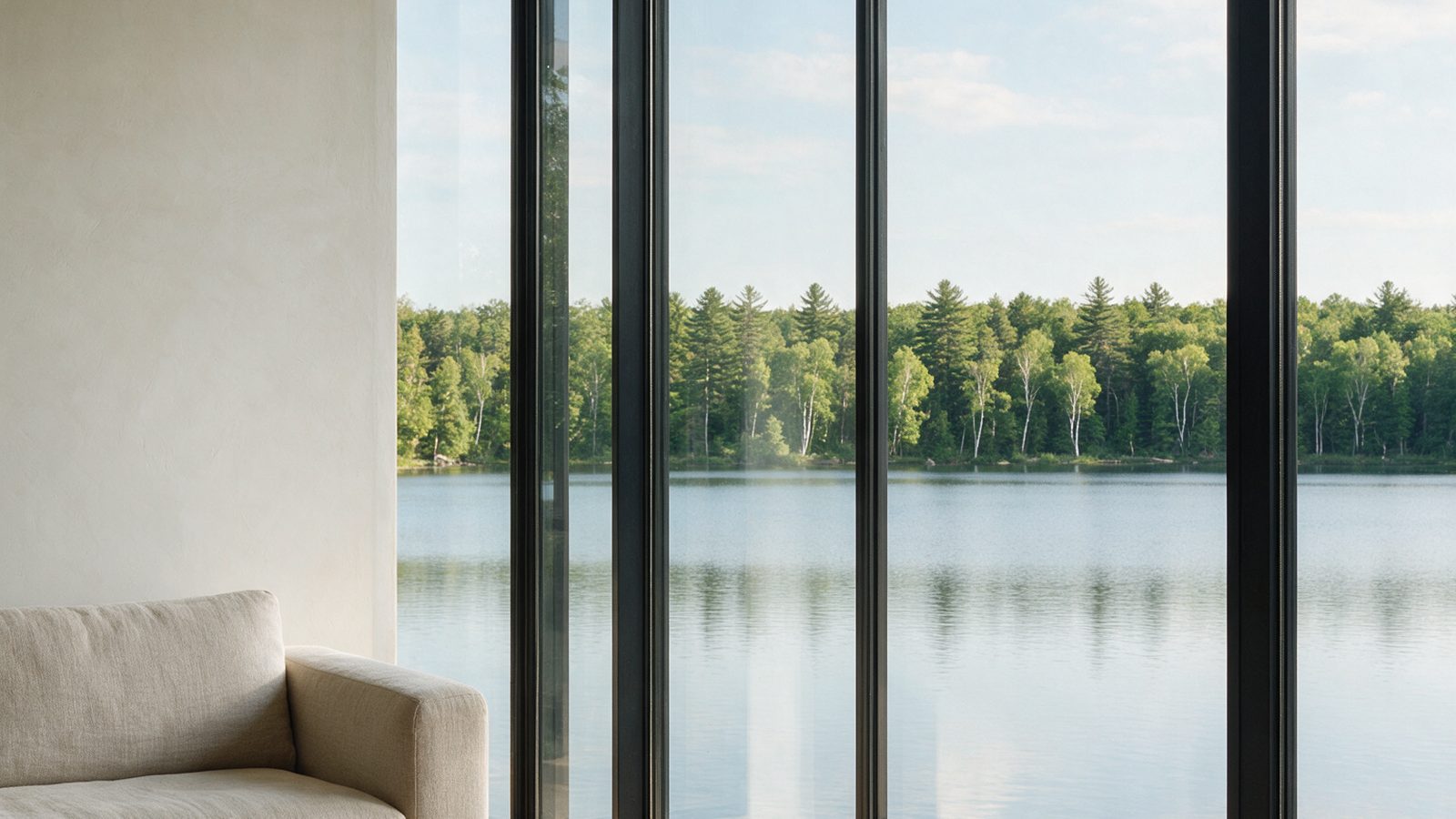 A quiet Minnesota living room looking out over the lake at dusk